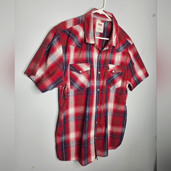 Levi's Men's Red White Blue Plaid Short Sleeve Shirt Pearl Snap Buttons Sz XL - Picture 3 of 6